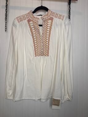 NWT MOTF‎ Embroidered Long Sleeve Top White Loose Peasant Boho Blouse Size S